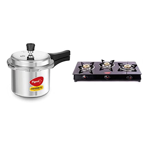 Image of Pigeon by Stovekraft Favourite Outer Lid Non Induction Aluminium Pressure Cooker, 3 Litres, Silver & Pigeon by Stoverkraft Glass Top Aster 3 Burner