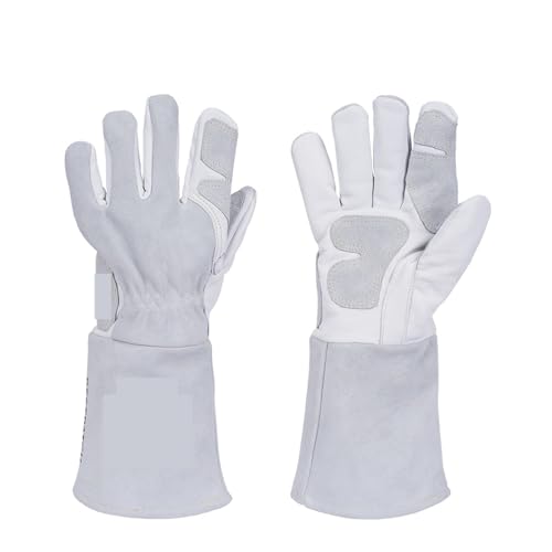 OUHFCASN Gants de soudage en cuir résistants à la chaleur for le soudage/la cuisson, gants de soudage de sécurité for le travail, blanc et gris Convient pour four/cheminée/soudure/cuisinière
