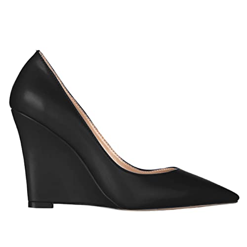 MOOMMO High Heel Wedge Pumps for Women Pointed Toe Slip On Matte Patent Leather Closed Toe 4 Inch Wedge Heels Dress Sandals Shoes Arch Support Comfortable for Office Ladies Party Wedding 4-12 M US2