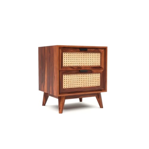 Image of Sheesham Wooden Bedside Table for Bedroom, Home Furniture | Solid Wood Bed Side NighStand Table for Living Room | Wooden Bed Side End Table with Natural Rattan Design in Honey Finish