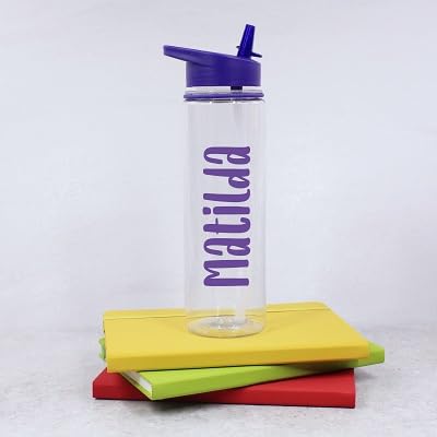 eBuyGB Personalised Water Bottle with Straw & Coloured Lid, Custom Name Drinks Bottle, Back to School, Kids Water Bottle for Nursery, Girls, Boys (Purple)