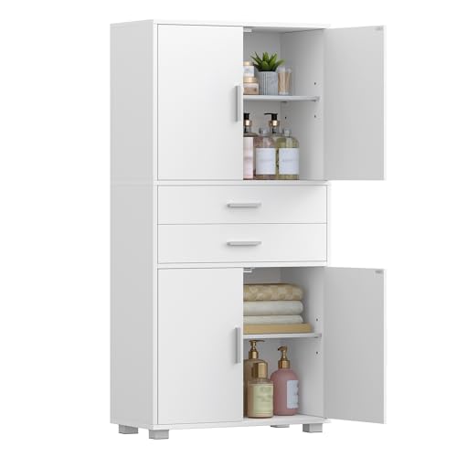 Hzuaneri Meuble Salle de Bain, Armoire sur Pied Haute avec Étagère Réglable, Meuble de Rangement avec 4 Tiroirs et 2 Portes, Commode, pour Salon, Salle de Bain, 30 x...