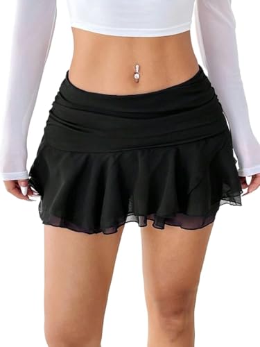 Womens Summer Low Waist Ruched Ruffled Hem Elegant Mini with Chiffon Skirt