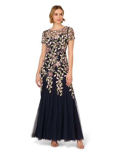 Adrianna Papell Women's Vine Bead Mesh Long Dress