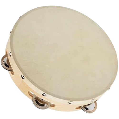 KORAT Tamburello in Legno Naturale da 14 cm con Pelle di Pecora Strumento Musicale Tradizionale a Mano con Sonagli in...