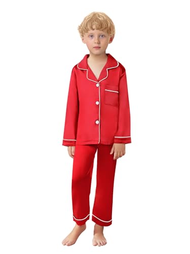 Schbbbta Family Matching Silk Pajamas Set Satin Long Sleeve Button Up Sleepwear Pj Set, S Red Men, US M3