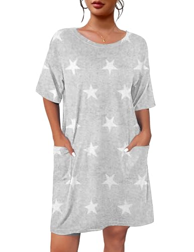 Image of Ekouaer Sleep Shirts for Women Nightgown Short Sleeves T shirt Night Dress Round Neck Womans Nightgown with Pocket S-XXL