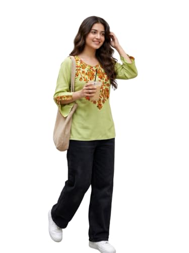Image of Youthnic Women's Light Green Rayon Yoke Embroidery Straight Short Kurti | Office Wear Kurti | College Wear Kurti | Tunic Top
