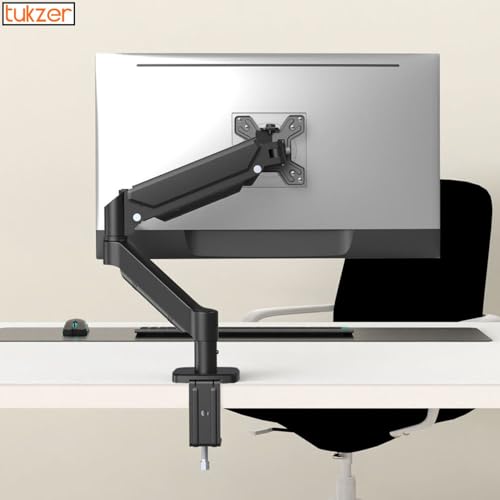 Image of Tukzer Single Gas Spring Monitor Arm, Computer Screen Monitors Stand /Desk Mount (13 inch-32 inch) with C-Clamp & Grommet Mounting Base,Full Motion Tilt /Swivel /Rotation /Aluminium Build,VESA 75x75 & 100x100 mm