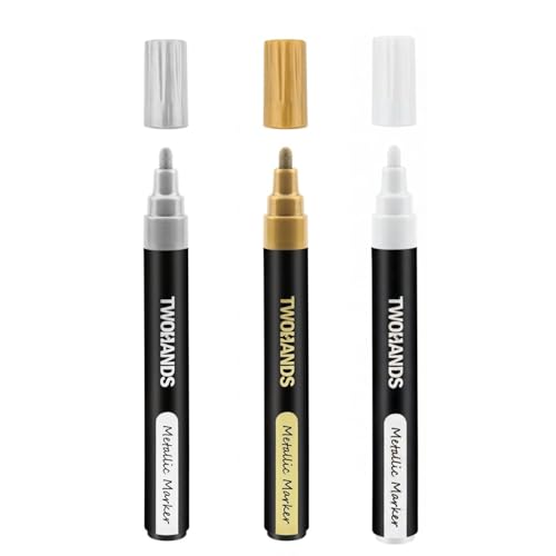 Image of Metallic Marker Pen Set of 3 | Shake and Use Paint Pens | Water-Based Quick Dry Non-Toxic Ink for Art, Craft, Card Making, Journaling, Rock Painting & Drawing (1 Gold & 1 Silver & 1 White)