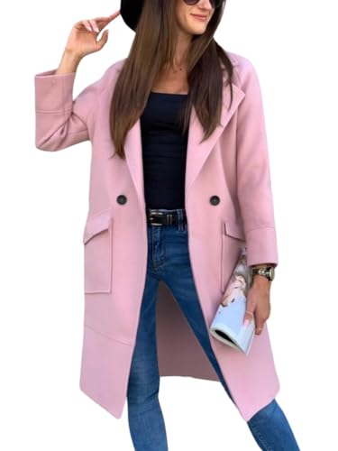 ORANDESIGNE Cappotto Donna Invernale Elegante Lungo Blazer Giacca di Lana Inverno Caldo Trench Parka Giubbotto Slim Fit Casual Windbreaker Jacket Outwear Cappottino con Bottoni Rosa XXL