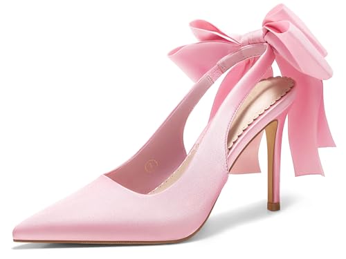 Image of Coutgo Womens Slingback High Heels with Bow Closed Pointed Toe Wedding Bride Dress Shoes Satin Pumps
