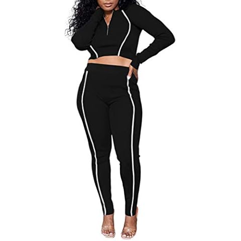 Elosele Two Piece Tracksuit Women Outfits - Long Sleeve 1/4 Zip Crop Pullover Sweatshirt High Waist Stripe Jogger Pants Sweatsuit Set Black L Cover