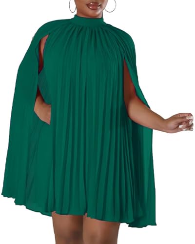 Image of Women's Casual Cape Sleeve Pleated Split Short Dress Loose Fit Cocktail Party Flowy Dress