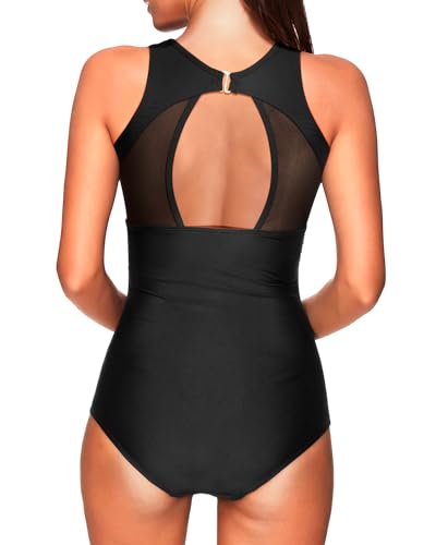 Image of Tempt Me Women One Piece Swimsuit Tummy Control Bathing Suit | High neck, Removable cups, Full coverage, Ruched, Mesh, Full lining