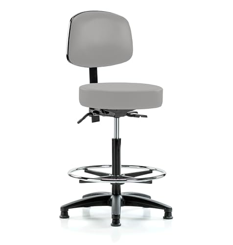 Image of Perch Stationary Height Adjustable Doctor's Stool with Back and Foot Ring | High Bench Height 25-35 inch | Grey Vinyl