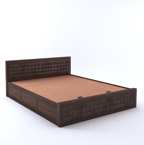 Image of Sheesham Wood Queen Size Bed with Hydraulic Box Storage and Headboard | Durable Wooden Double Bed Cot Palang Furniture for Bedroom, Living Room, Guest Room, Hotel and Home (Walnut Finish)