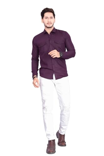 Image of Men's Cotton Spread Collar Full Sleeve Regular Fit Solid Casual Shirt with Double Pockets - Stylish Comfortable Shirt for Everyday Wear