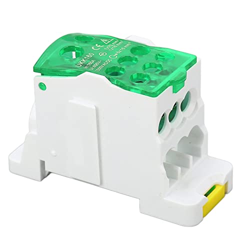 AMONIDA Caja de distribución de terminales, Bloque terminal, Montaje en carril DIN, 690V 160A, Verde, Conector de latón, PA66 ignífugo