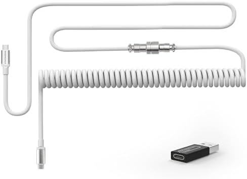 ATTACK SHARK CO4-C Coiled USB C Cable for Mechanical Keyboard with USB to USB C Adaptor, Type C to Type C, TPU Double Sleeved Spring Charging Cable with 5-Pin Metal Aviator Connector, 4.92ft Length
