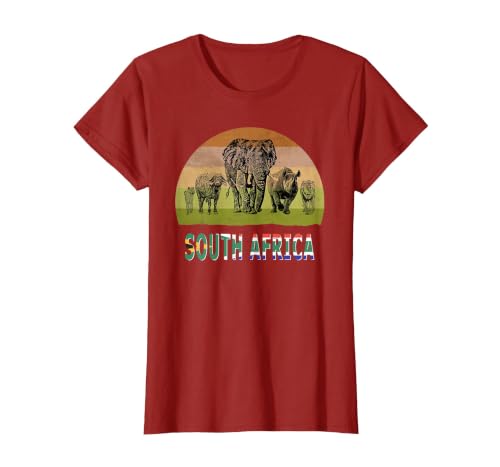 Big Five Retro Sunset Design for South Africa Safari T-Shirt, Women, Cranberry Red, Medium