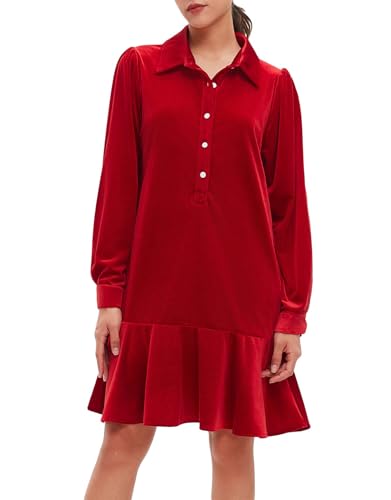 YEXPINE Women's Fall Velvet Dress V Neck Button Down Tunic Shift Dress Flowy Rufflle Hem Mini Party Dresses with Pockets Red