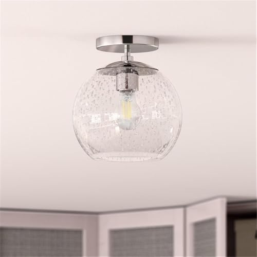 Image of Bartlett 9 inch Wide Semi Flush Mount with Glass Shade in Polished Nickel /Seeded