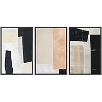 SIGNWIN Framed Canvas Print Wall Art Trio of Asymmetrical Black, Coral & Tan Color Fields Abstract Shapes Illustrations Modern Art Multicolor Pastel for Living Room, Bedroom, Office - 16