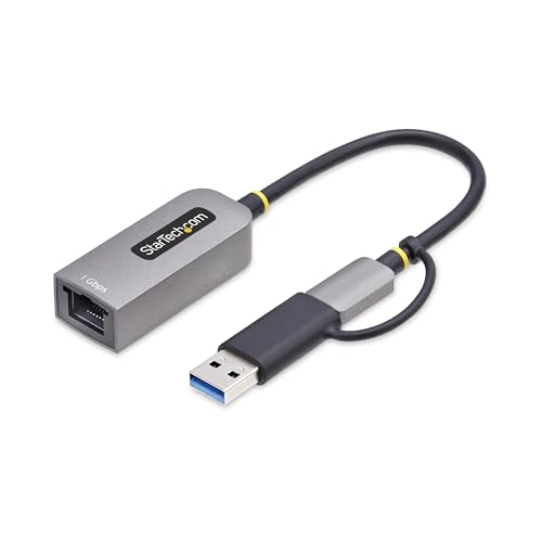 Image of StarTech USB-C to GbE Ethernet Adapter, 10 /100 /1000Mbps, USB-A Dongle | USB GbE Adapter, 6in /15cm Attached Cable, Status LEDs, C21GA-USB-ETHERNET