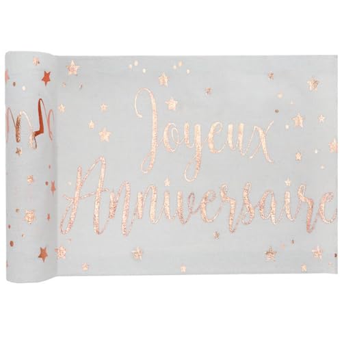 SANTEX 5668-20-30, Chemin de Table Joyeux Anniversaire Coton métallisé Blanc/Or Rose
