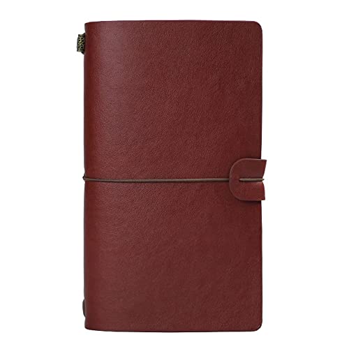 AMO HERMOSO Reisetagebuch Mini für Reisende, Vintage Leder Reisetagebuch mit PVC Reißverschlusstasche, Travel Notebook, 144 Seiten, Weinrot Cover