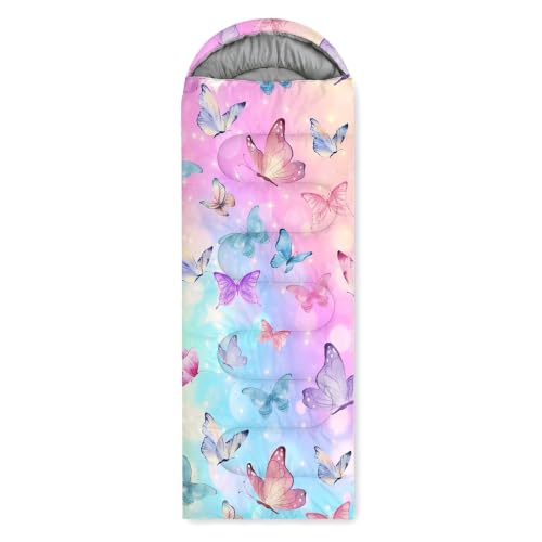 Bolsa de dormir WeCozy Butterfly rosa para niños, ligera impermeable para 3 estaciones, con saco compresor para camping, uso interior y mochilero miniatura 7