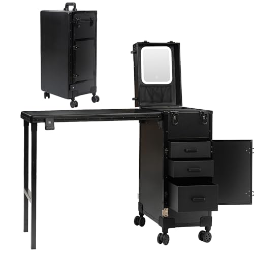 Image of Portable Manicure Table with 3 Drawers, Rolling Foldable Nail Desk with Detachable Mirror, Professional Makeup Train Case with Wheels and TSA Lock for Nail Techs & Salon Use