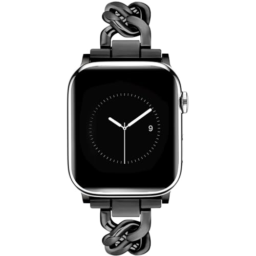 Image of JR.DM Black Watch Bands for Women Compatible with Apple Watch 46mm 42mm(S3 /2 /1) 44mm 45mm 49mm Adjustable Metal Single Chain Bracelet for iWatch Series 11 /10 /9 /8 /7 /6 /5 /4 SE 3 /2 /1 Ultra (No Case)