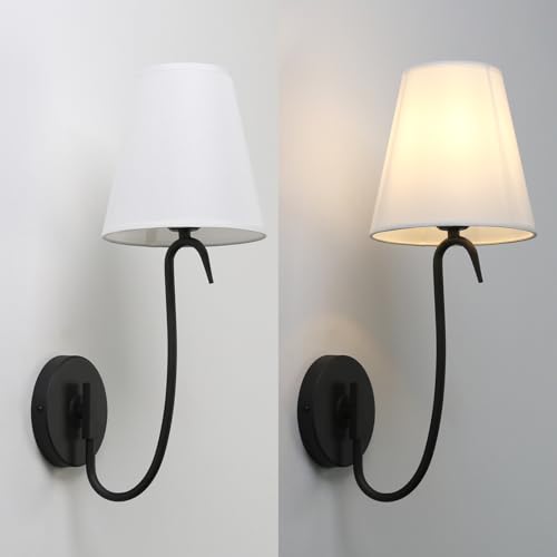 Image of Swan Neck Wall Sconce Fixture 1-Light with White Fabric Shade, Indoor Hardwired Rustic Boho Wall Light for Living Room Bedroom Bedside Nightstand Light