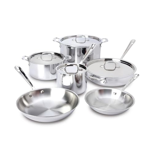 All-Clad D3 3-Ply Stainless Steel Cookware Set 10 Piece, Induction, Oven Broiler Safe 600F, Kitchen Cooking Set w/ Frying Pans, Saucepans, Saute Pan, Stockpot and Soup Pot, Pots and Pans, Silver