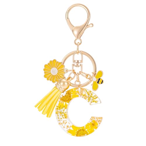 MWOOT Letter Keychain Llaveros Inicial Resina,Pétalos de Alfabeto Lámina de Oro Keyring con Margarita Borla Colgante,Amarillo Moda Llavero Encanto para Mujeres Chicas Monedero Bolsos Colgante(C)