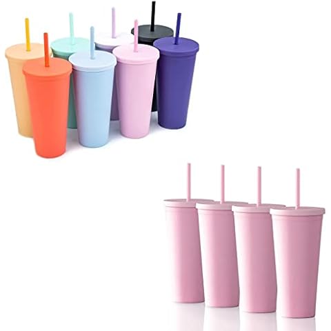 STRATA CUPS BUNDLE! 8 Pack 22 oz Pastel Colored Acrylic Tumblers with Lids and Straws + 4 Pack 22 oz Pastel Colored (Pink) Acrylic Tumblers Cover