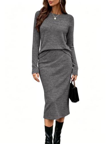 OFEEFAN Women's 2 Piece Outfits Midi Skirt Sets Fall Loungewear Grey M | Long sleeve top matching skirt with pockets dressy casual, sweater dress set, lounge wear, fashion travel vacation clothing - image 1