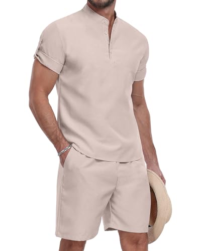 YTD Men's 2 Pieces Set Short Sleeve Henley Shirts and Shorts Texture Summer Beach Vacation Outfits
