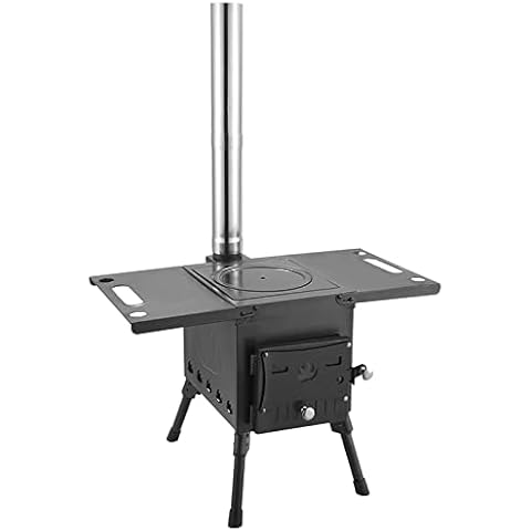Mibee Portable Foldable Wood Burning Camp Stove with Chimney Pipe for Tent Shelter Heating Cooking, Black Cover