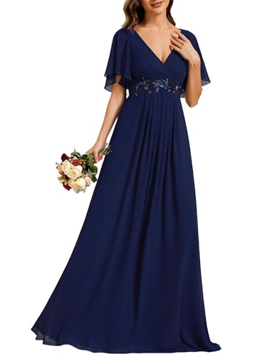 Image of Ever-Pretty Women's Spring Short Sleeve Bridesmaid Dresses V-Neck Chiffon Ruched Empire Waist Appliques Long Formal Dress
