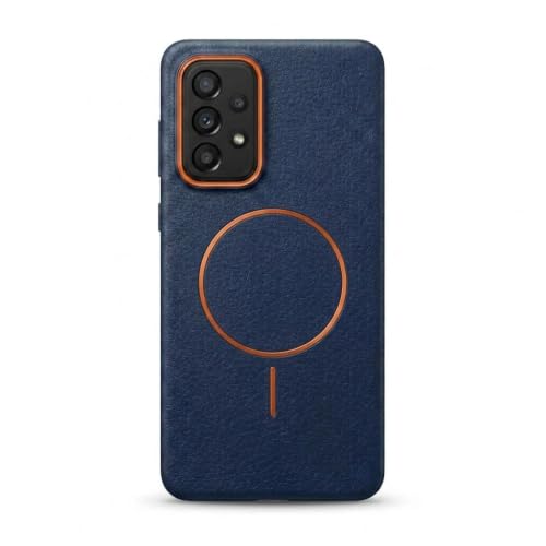Image of amazon basics Luxury MagSafe Compatible Leather Texture Back Cover for Samsung Galaxy A73 5G | Raised Camera Protection | Slim Fit Shockproof Case with Metallic Accents (Dark Blue)