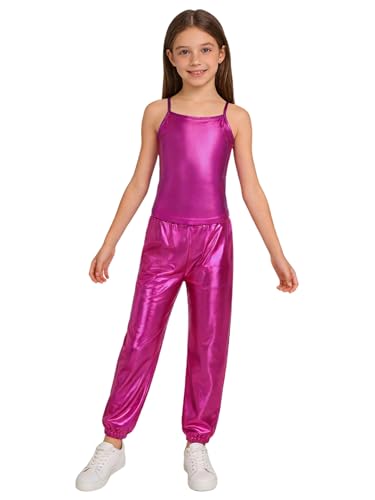 Loodgao Girls Cheerleading Hip Hop Dance Wear Spaghetti Straps Tank Top And Pants Metallic Jazz Costume Hot Pink 7-8 Years