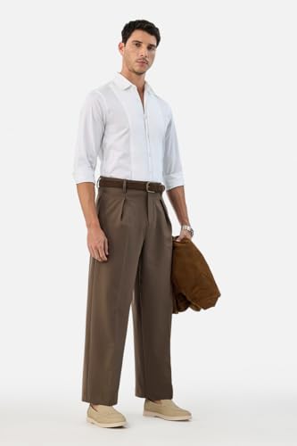 Image of SNITCH Men Casual Trousers | Baggy Fit Wide-Leg Design with Pleated Front & Button Closure | Durable Polyester Blend & Medium-Stretch Fabric for Summer Wear