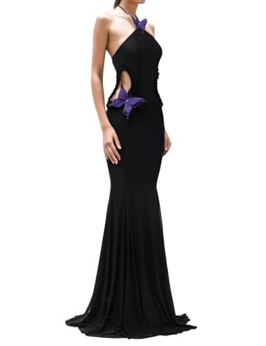 Image of Women's Halter Neck Butterfly Cutout Maxi Dress Backless Slim Fit Mermaid Gown for Beach Vacation Party Elegant Dress