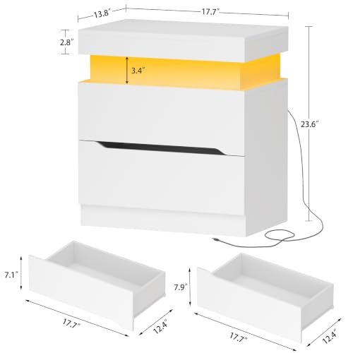 Image of TEENFON Nightstands Set of 2, Night Stand with Sliding Top, Nightstand with App-Controlled Adjustable LED Lights, Bedside Table with 2 Drawers, Modern Nightstands for Bedroom,White