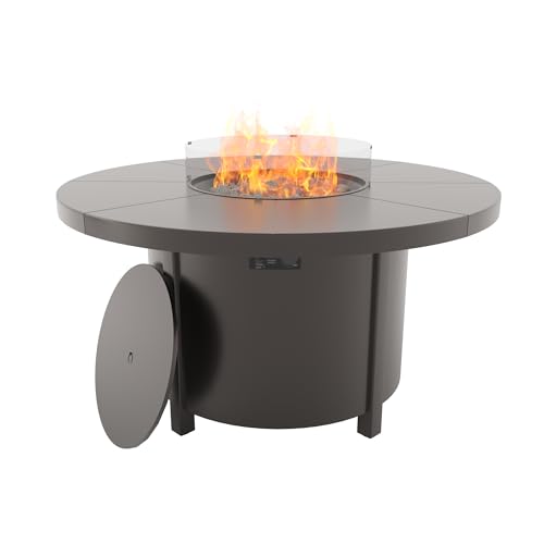 RTDTD 48 Round Propane Fire Pit Table 55000 BTU Round Firepit Outdoor Fire Pit with Fire Glass Lid Waterproof Cover and Blue Glass Stone for Backyard Garden Patio