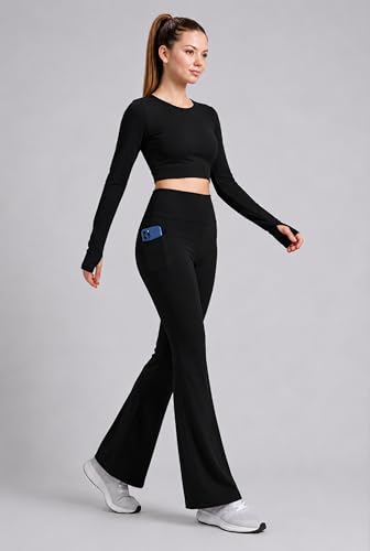 Image of PINAAK FASHION Women's Yoga Co-Ord Set | Full Sleeve Crop Top & Flared High Waist Yoga Pants with Pocket | Thumb Hole Sleeves | Bell Bottom Gym Wear Activewear Tracksuit for Workout, Running & Lounge