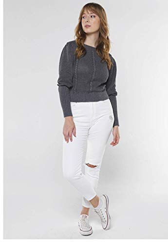 Suéter de Tricot Mangas Bufantes Gola Canoa Sob Cinza Chumbo (G)